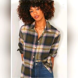 Old Navy The Boyfriend Shirt Cotton‎ Olive Plaid Flannel Size  Large